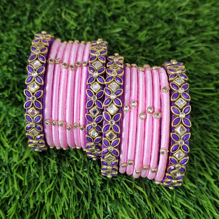 purple and baby pink simple bridal, semi bridal silk thread bangles set