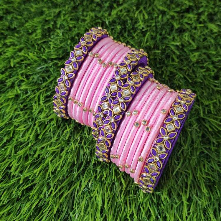 purple and baby pink simple bridal, semi bridal silk thread bangles set
