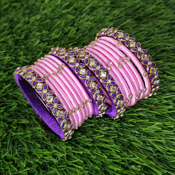 purple and baby pink simple bridal, semi bridal silk thread bangles set