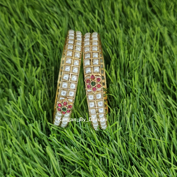 Pearly White & Red Floral Motif Gold Imitation Bangles