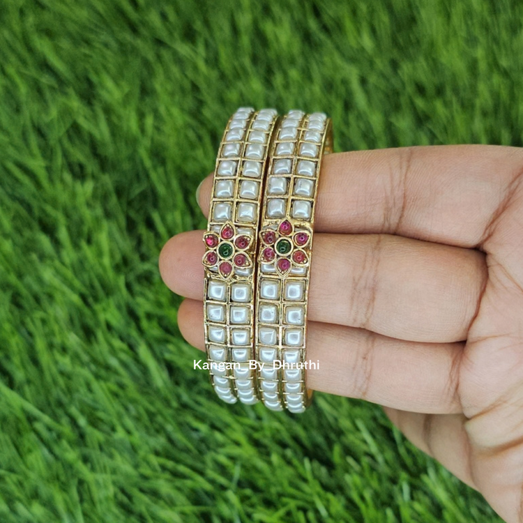 Pearly White & Red Floral Motif Gold Imitation Bangles