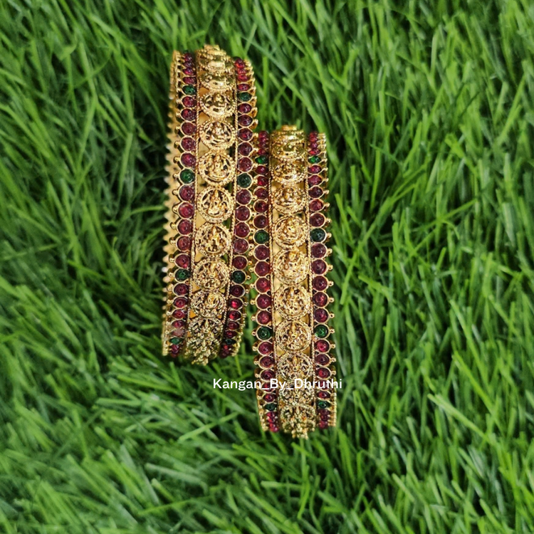 Antic Gold Lakshmi with Red and Green stones- Gold Plated Kada Bangles