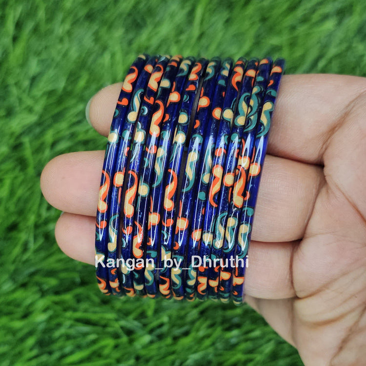Dark Blue Raaga Printed Glass Bangles