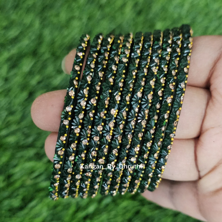 Dark Bottle Green Colour Thaamara Lotus Glass Bangles