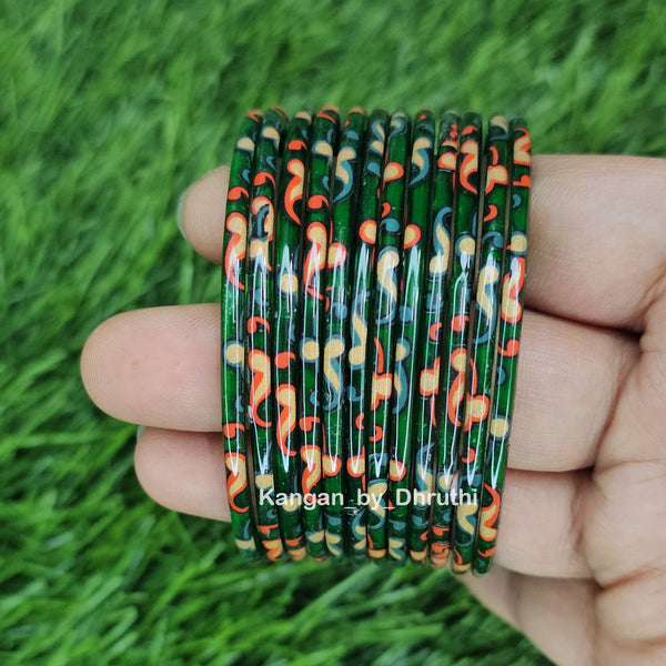 Dark Green Raaga Printed Glass Bangles