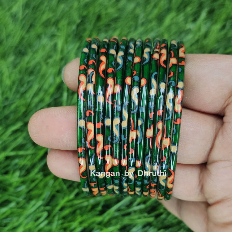 Dark Green Raaga Printed Glass Bangles