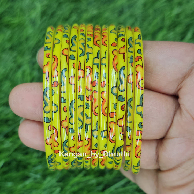 Lemon Yellow Raaga Printed Glass Bangles