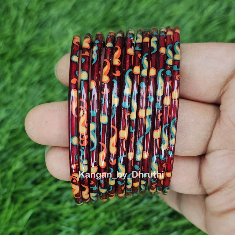 Maroon Raaga Printed Glass Bangles