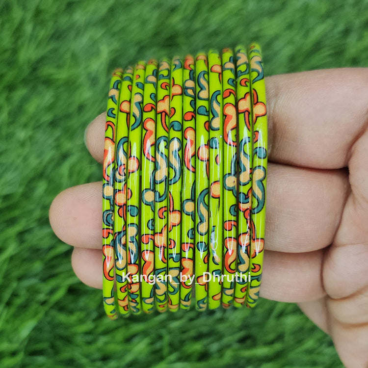 Parrot Green Raaga Printed Glass Bangles