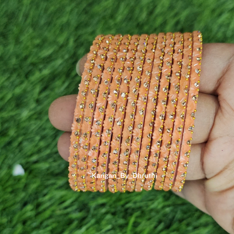 Peach Colour Thaamara Lotus Glass Bangles1