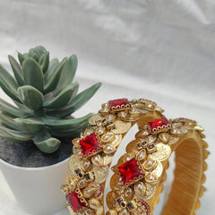 Red Clip Stone & Lakshmi Coin Kada Bangle