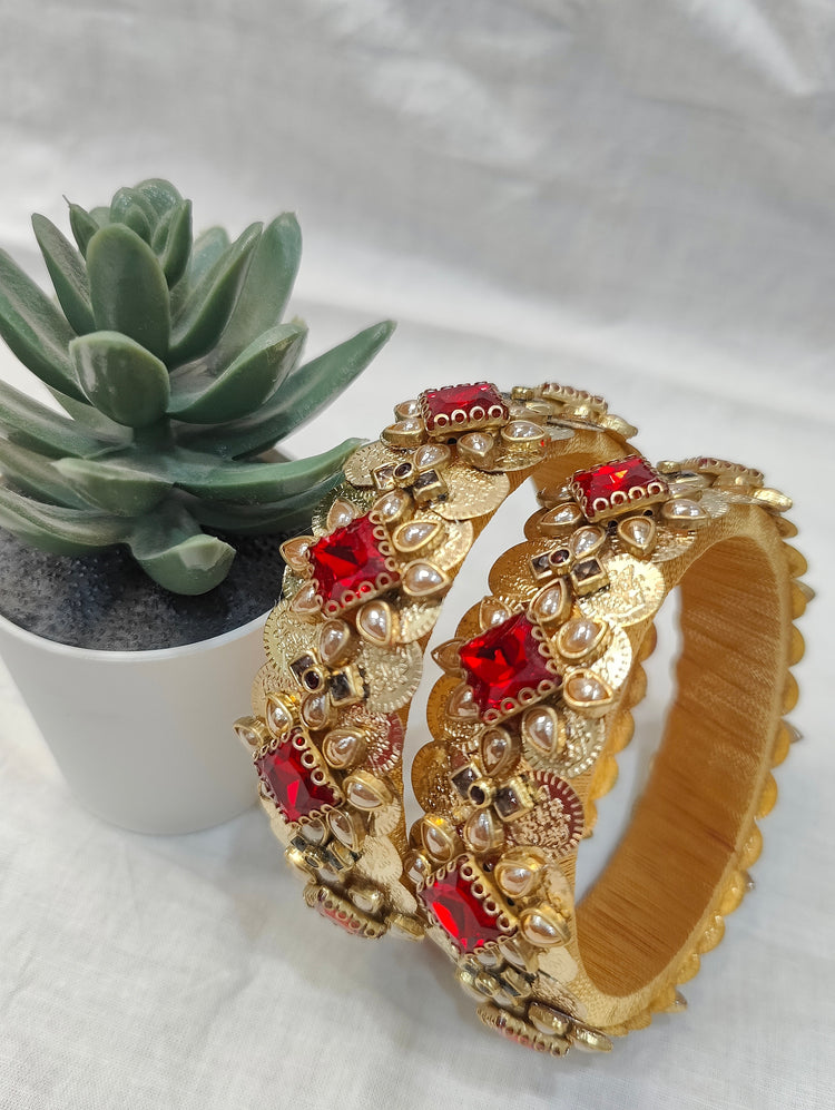 Red Clip Stone & Lakshmi Coin Kada Bangle
