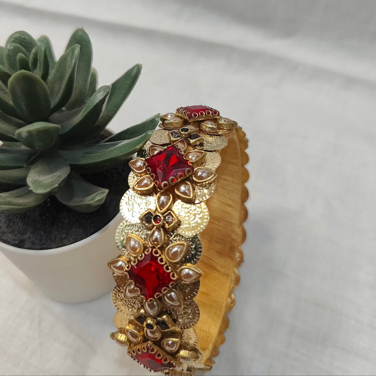 Red Clip Stone & Lakshmi Coin Kada Bangle