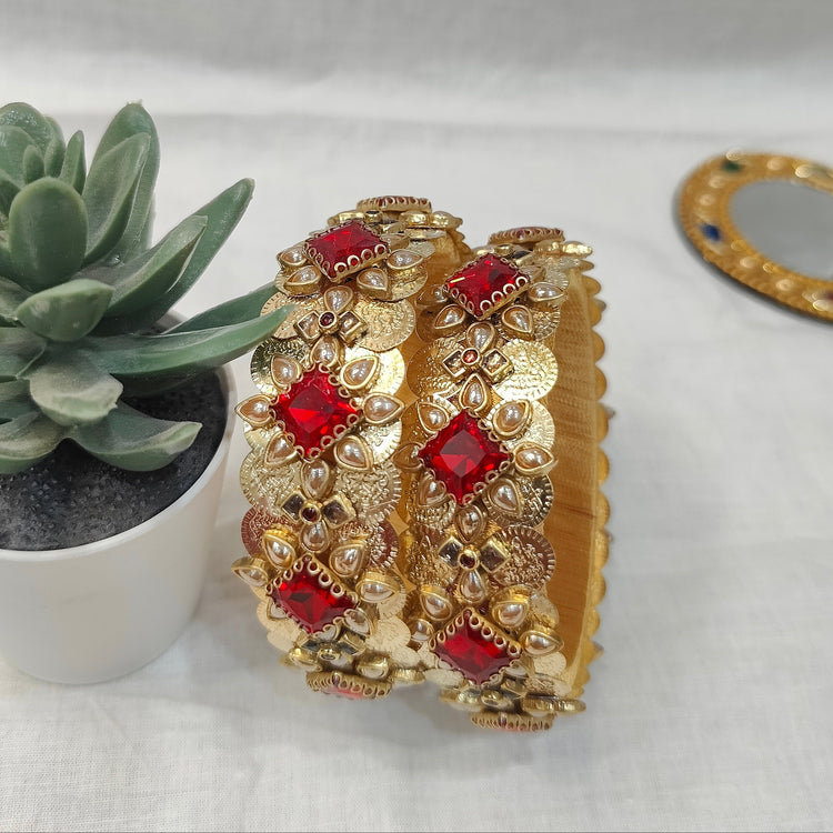 Red Clip Stone & Lakshmi Coin Kada Bangle