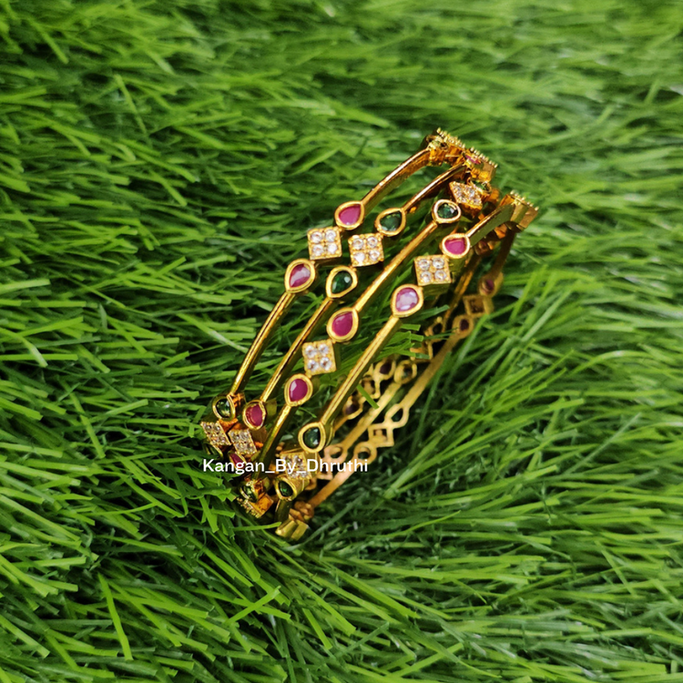 Ruby Pink & Emerald Green Micro-Gold Plated Temple Bangles3