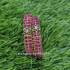 Ruby Pink & Green Floral Motif Gold Imitation Bangles