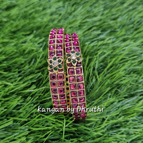 Ruby Pink & Green Floral Motif Gold Imitation Bangles