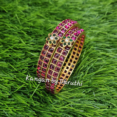 Ruby Pink & Green Floral Motif Gold Imitation Bangles