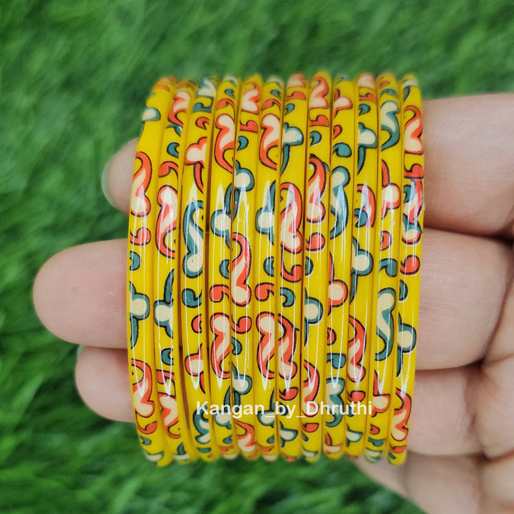 Yellow Raaga Printed Glass Bangles
