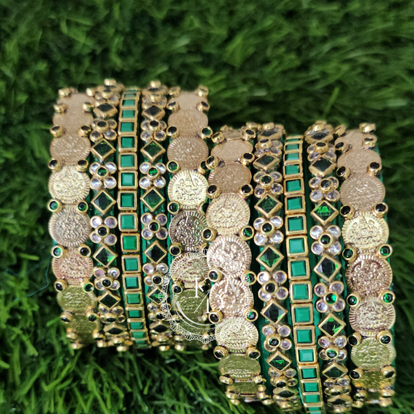 dark green silk thread bangles and gold lakshmi coin bangles semi bridal set