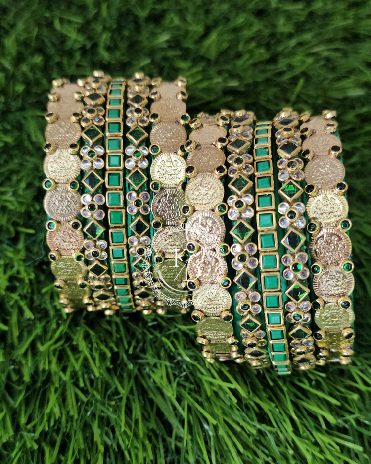 dark green silk thread bangles and gold lakshmi coin bangles semi bridal set