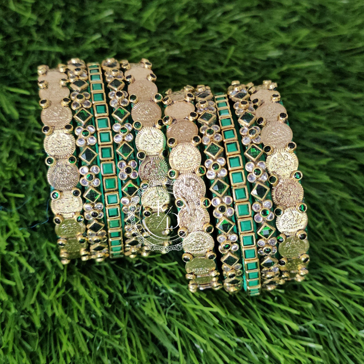 dark green silk thread bangles and gold lakshmi coin bangles semi bridal set
