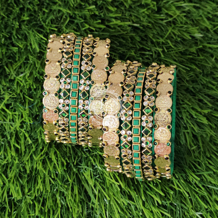 dark green silk thread bangles and gold lakshmi coin bangles semi bridal set