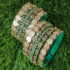 dark green silk thread bangles and gold lakshmi coin bangles semi bridal set